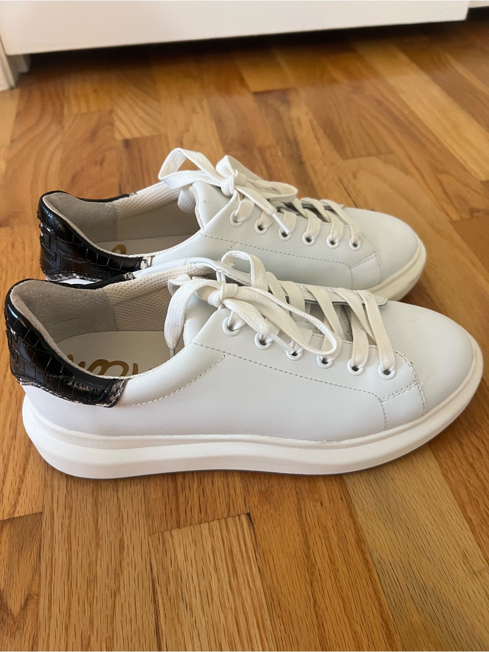 Sam Edelman White Platform Sneaker with Black Croc Heel Accent